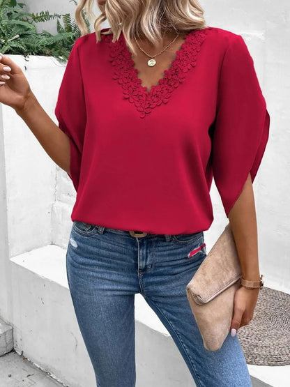 Lace Detail V-Neck Half Sleeve Women's Blouse