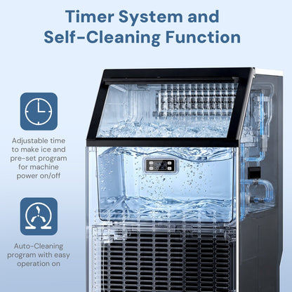 Commercial Ice Maker, Freestanding Square Ice Cube Maker 265lbs/24h, 55lbs Storage Bin, Full Heavy Duty Stainless Steel Construction