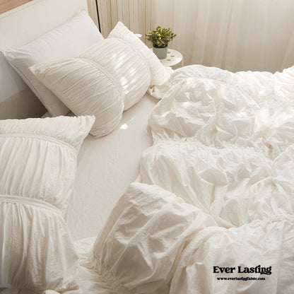 Coquette Ruffle Ribbon Ties Duvet Cover / White