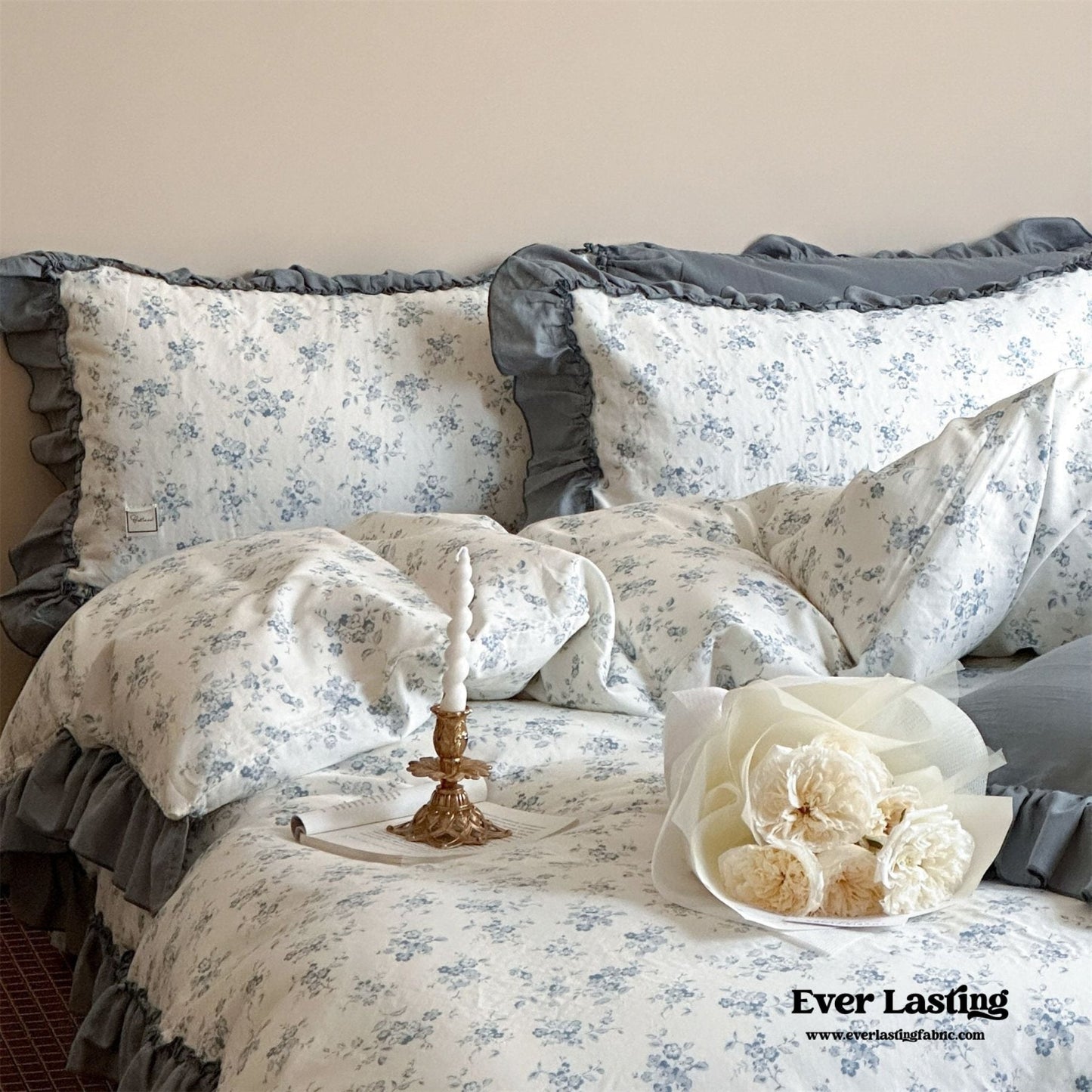 Cottage Inspired Ruffle Bedding Set / Ash Blue
