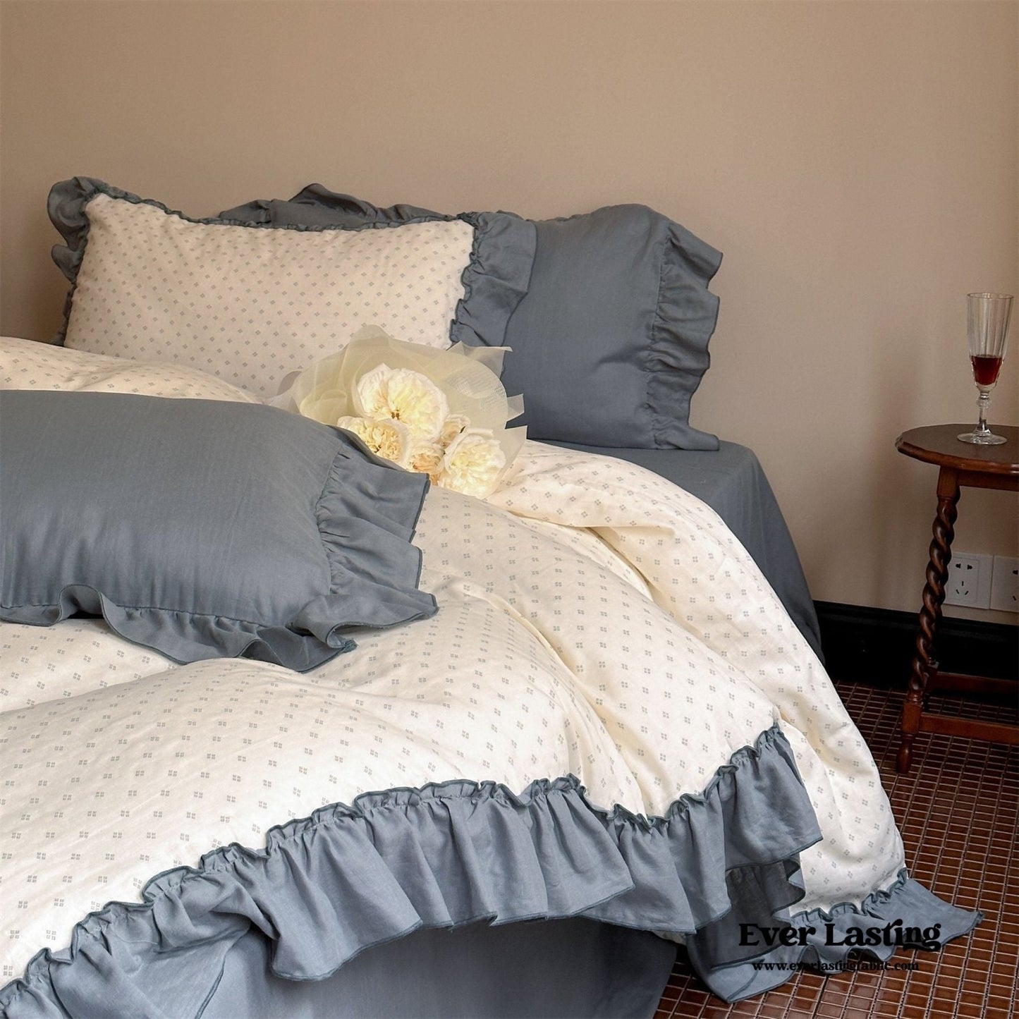 Cottage Inspired Ruffle Bedding Set / Ash Blue