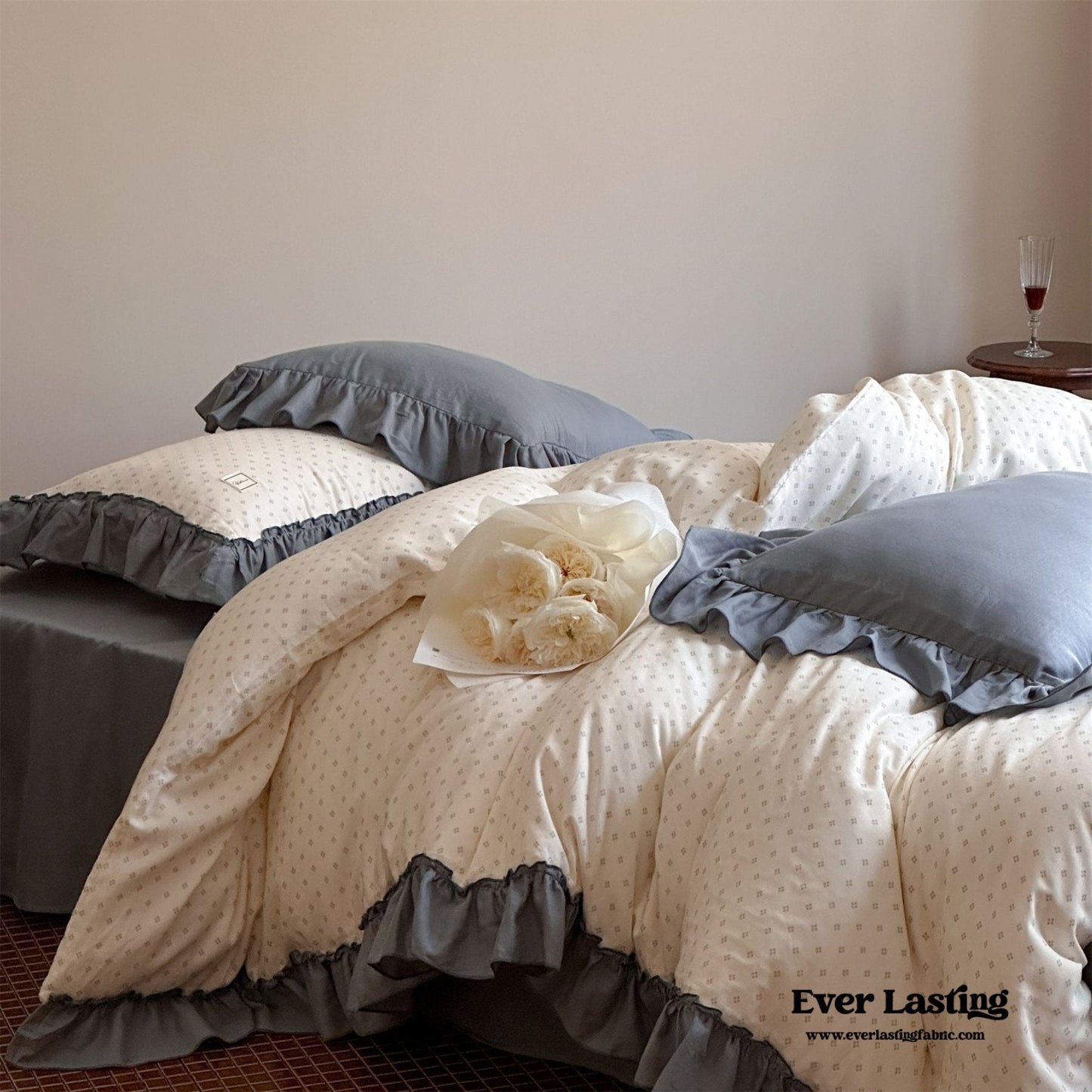 Cottage Inspired Ruffle Bedding Set / Ash Blue
