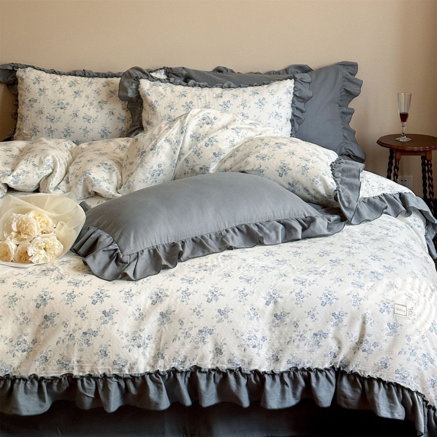 Cottage Inspired Ruffle Bedding Set / Soft Brown
