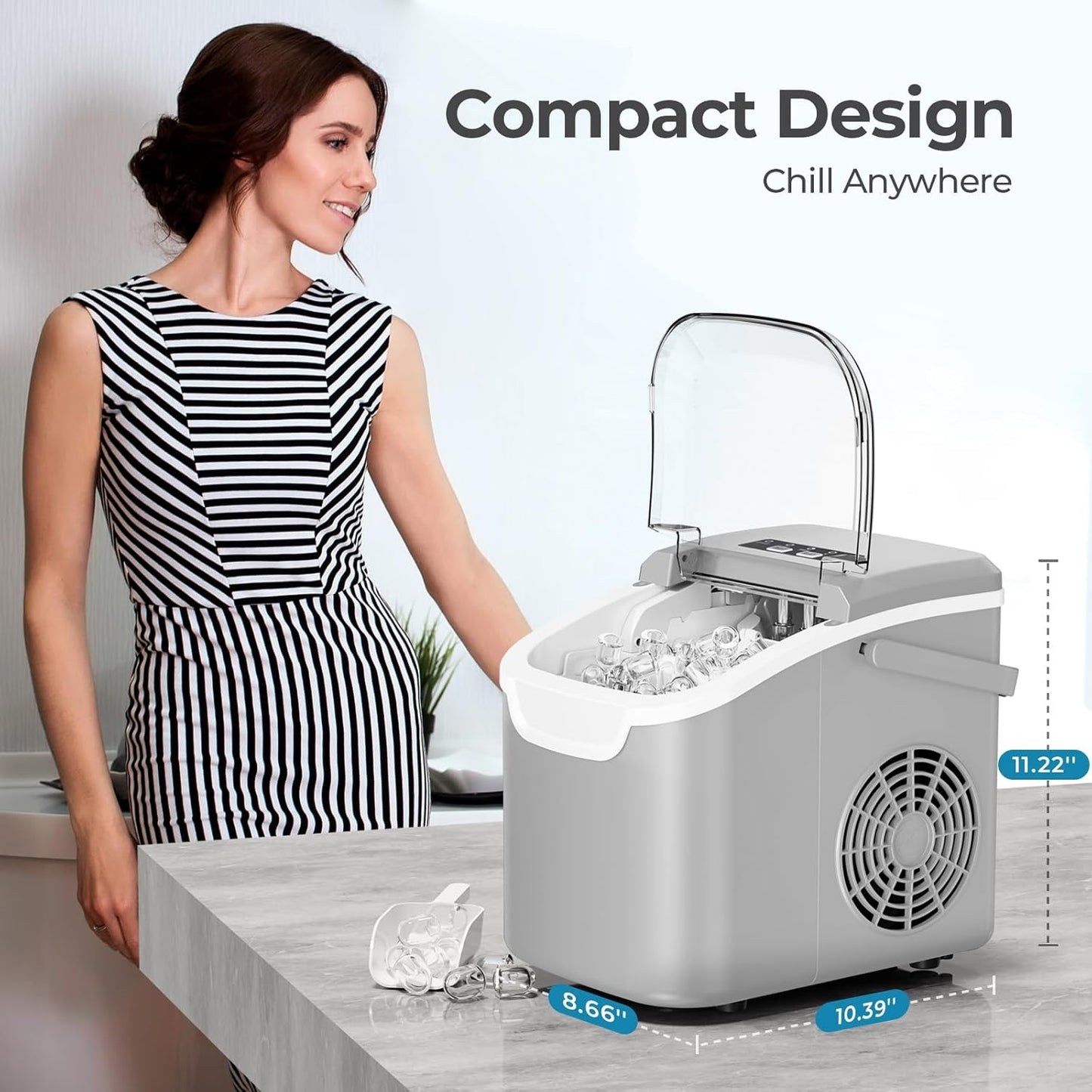 Kismile Ice Makers Countertop with Handle,8 Cubes in 6 Mins,Portable Ice Machine with Self-Cleaning for Home 58012RIM0