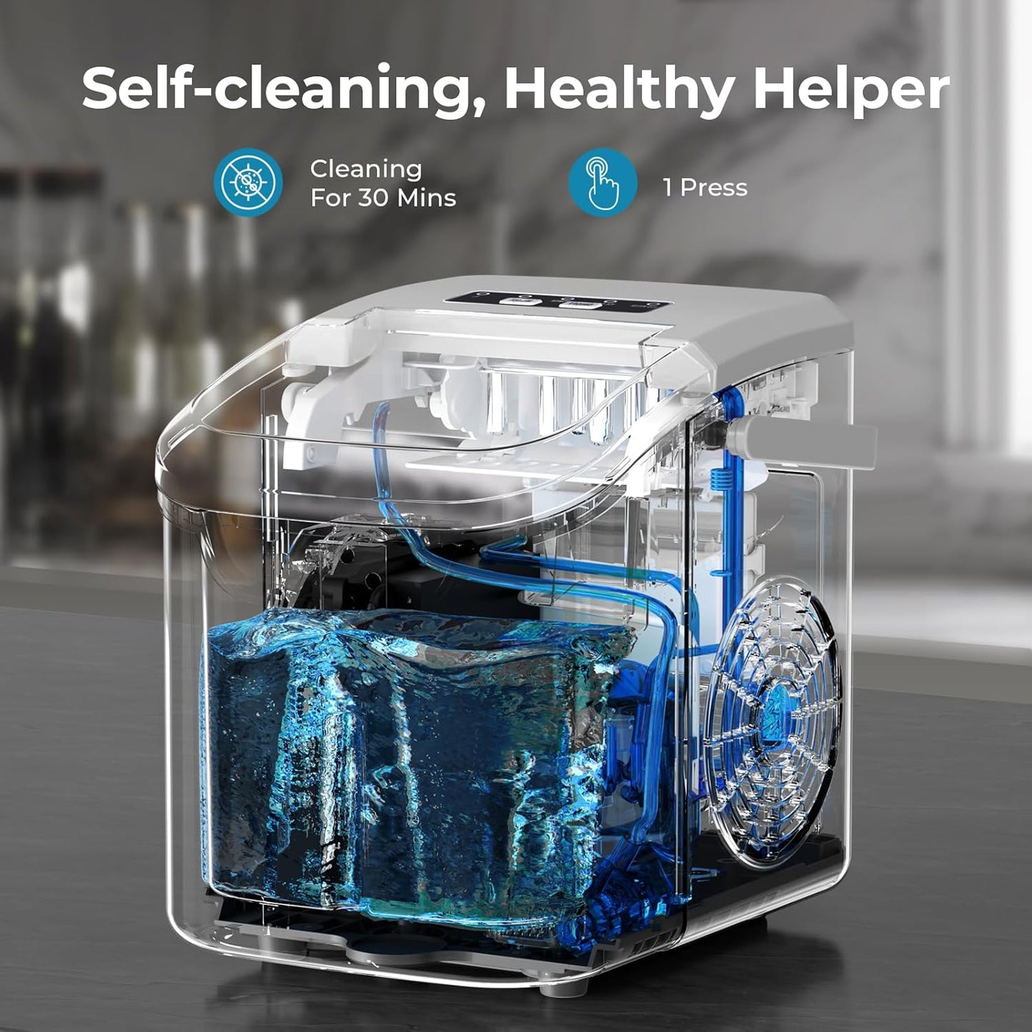 KISMILE Ice Makers Countertop with Handle,26.5Lbs/24H,9 Cubes in 6 Mins,2 Sizes of Bullet Ice,Portable Machine with Self-Cleaning,Perfect for Home Kitchen(Black)