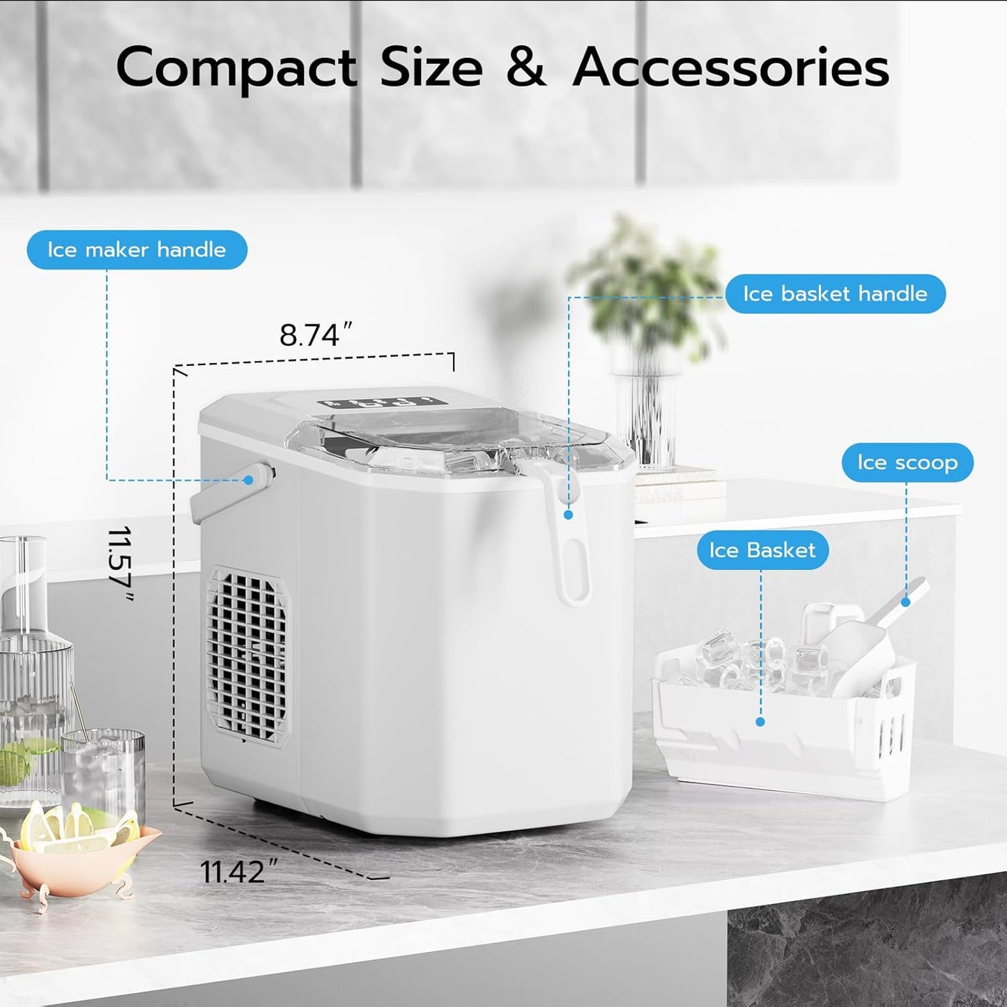 KISMILE Ice Makers Countertop with Handle,26.5Lbs/24H,9 Cubes in 6 Mins,2 Sizes of Bullet Ice,Portable Machine with Self-Cleaning,Perfect for Home Kitchen(Black)