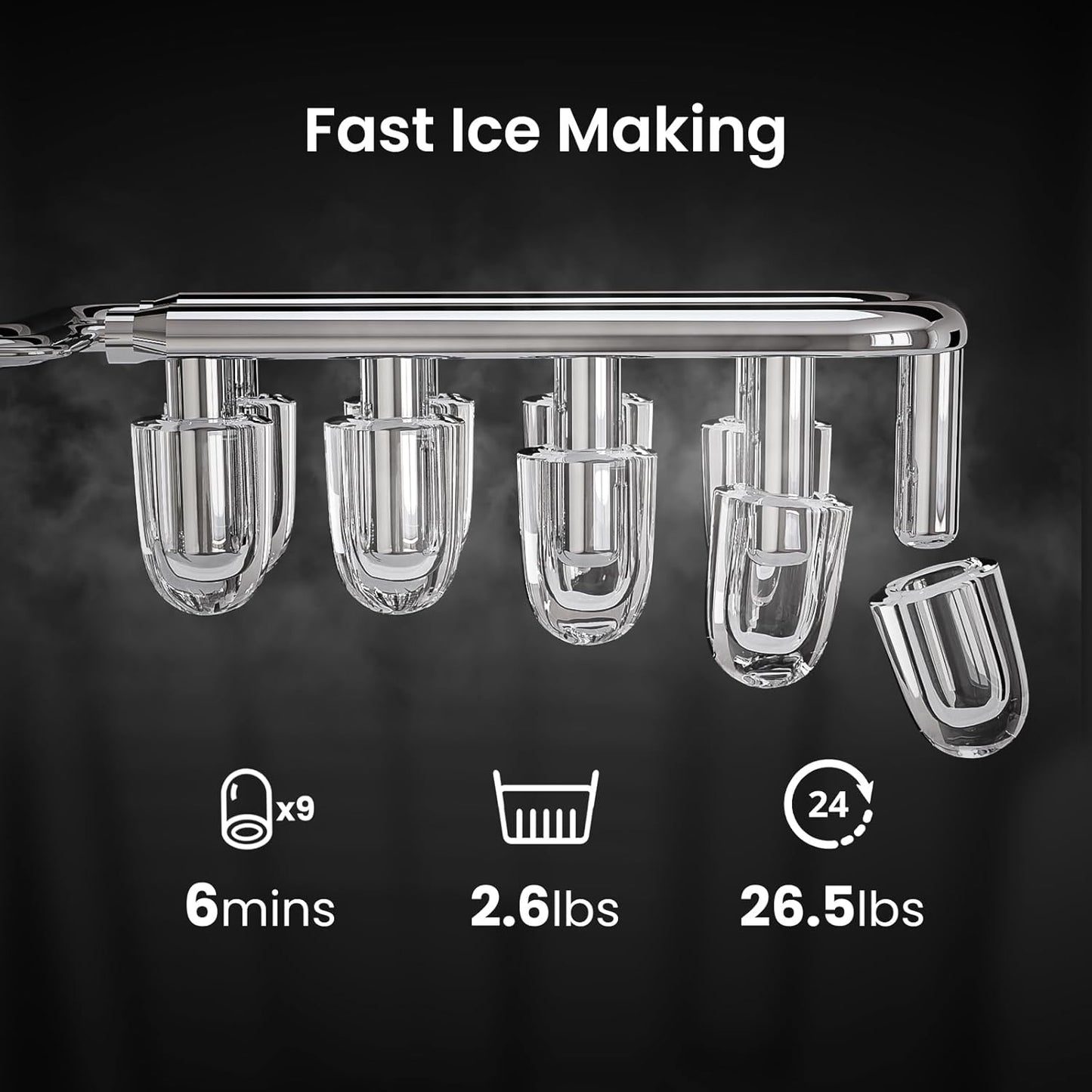 KISMILE Ice Makers Countertop with Handle,26.5Lbs/24H,9 Cubes in 6 Mins,2 Sizes of Bullet Ice,Portable Machine with Self-Cleaning,Perfect for Home Kitchen(Black)