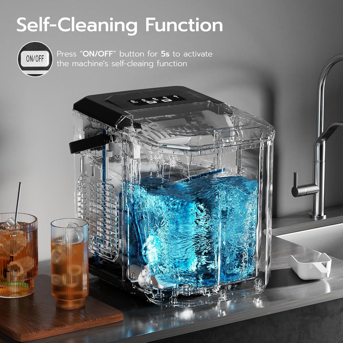 KISMILE Ice Makers Countertop with Handle,26.5Lbs/24H,9 Cubes in 6 Mins,2 Sizes of Bullet Ice,Portable Machine with Self-Cleaning,Perfect for Home Kitchen(Black)