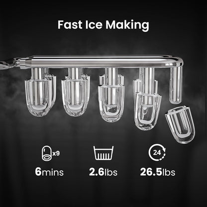 KISMILE Ice Makers Countertop with Handle,26.5Lbs/24H,9 Cubes in 6 Mins,2 Sizes of Bullet Ice,Portable Machine with Self-Cleaning,Perfect for Home Kitchen(Black)
