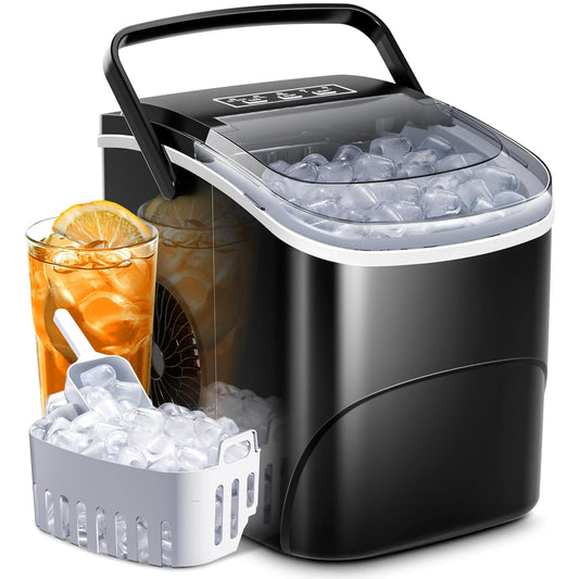 KISMILE Ice Makers Countertop with Handle,26.5Lbs/24H,9 Cubes in 6 Mins,2 Sizes of Bullet Ice,Portable Machine with Self-Cleaning,Perfect for Home Kitchen(Black)