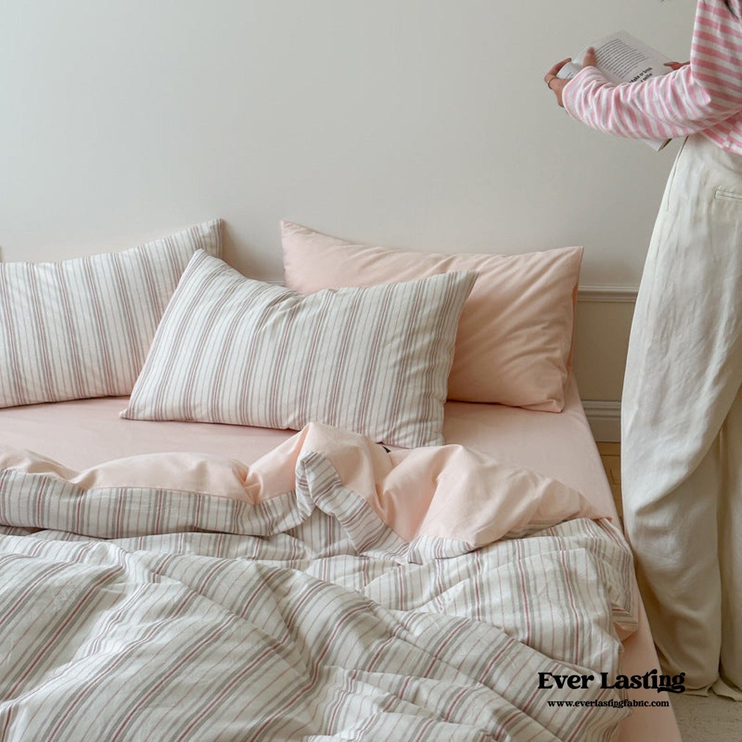 Cozy Pastel Striped Washed Cotton Pillowcases / Pink