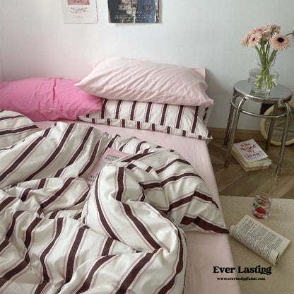 Cozy Washed Cotton Striped Bedding Set / Pink