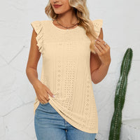 Smocked Round Neck Eyelet Top