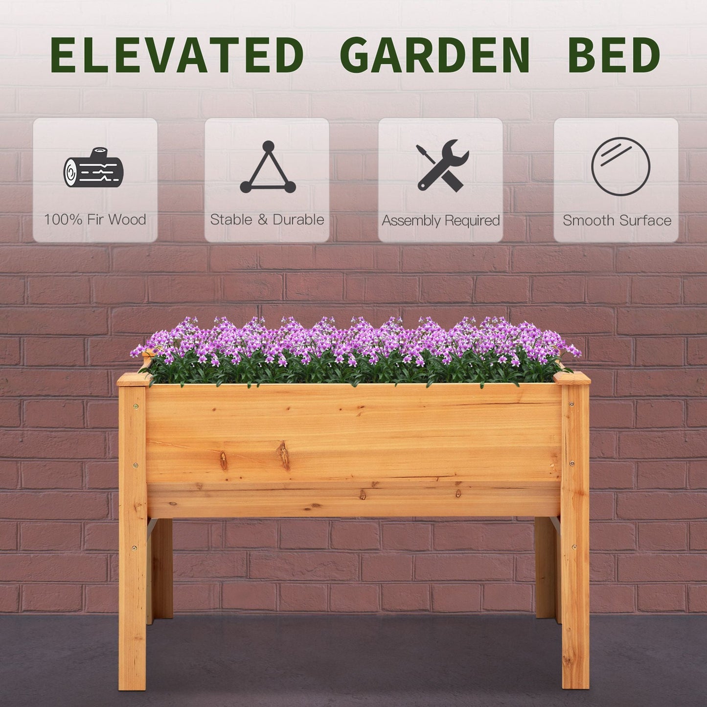 Wooden Raised Garden Plant Stand Outdoor Tall Flower Bed Box with Hooks, 48" x 24" x 32", Nature Wood
