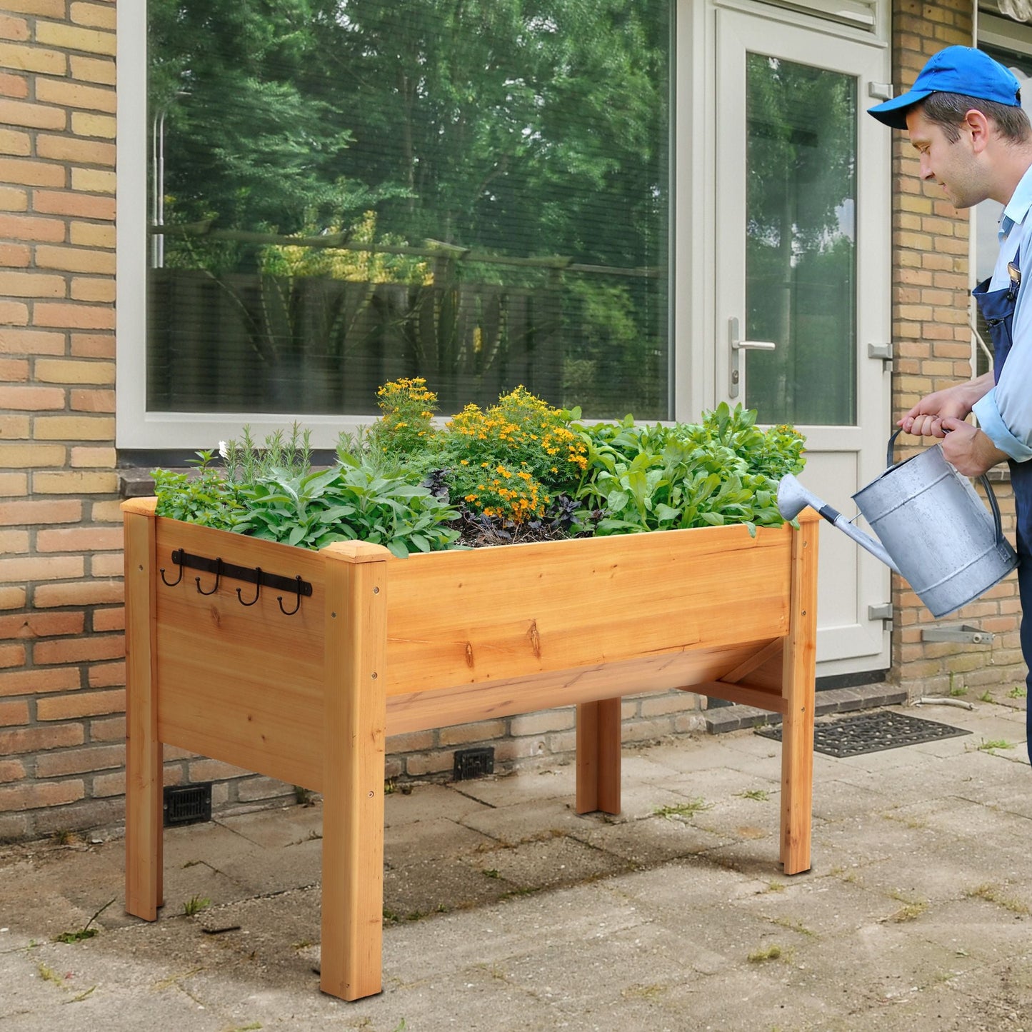 Wooden Raised Garden Plant Stand Outdoor Tall Flower Bed Box with Hooks, 48" x 24" x 32", Nature Wood