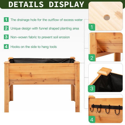 Wooden Raised Garden Plant Stand Outdoor Tall Flower Bed Box with Hooks, 48" x 24" x 32", Nature Wood