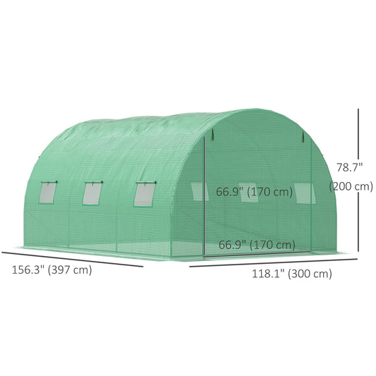 13' x 10' x 6.6' Walk-in Polytunnel Greenhouse, Outdoor Garden Tunnel Greenhouse Tent with Zipped Roll-Up Door and 6 Mesh Windows, Green