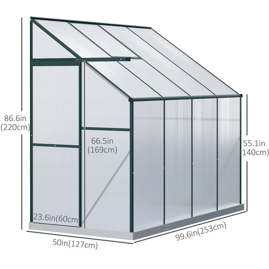 Walk-In Garden Greenhouse Aluminum Polycarbonate with Roof Vent for Plants Herbs Vegetables 8' x 4' x 7' Silver