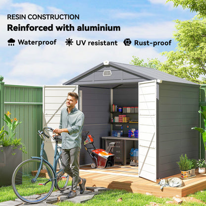 8' x 6' Plastic Garden Storage Shed with Latch Door, Vents, Sloped Roof, Dark Grey
