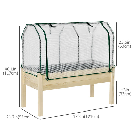 Raised Garden Bed with PE Greenhouse Cover Outdoor Elevated Wood Planter Box for Herbs and Vegetables, Use for Patio, Backyard, Balcony, 48 x 22 x 46 inch, Natural