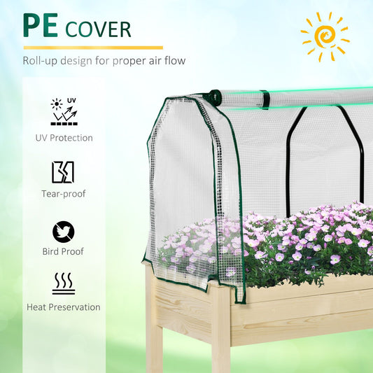 Raised Garden Bed with PE Greenhouse Cover Outdoor Elevated Wood Planter Box for Herbs and Vegetables, Use for Patio, Backyard, Balcony, 48 x 22 x 46 inch, Natural