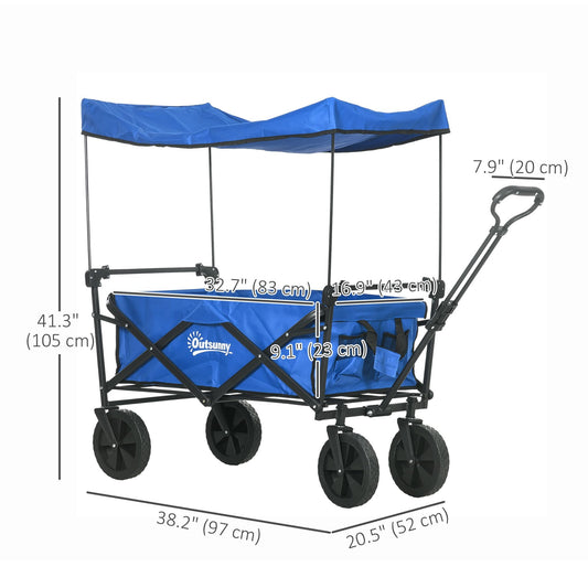 Steel Frame Folding Garden Cart, Collapsible Wagon Cart with Removable Canopy, Telescopic Handle and Carrying Bag, Dark Blue