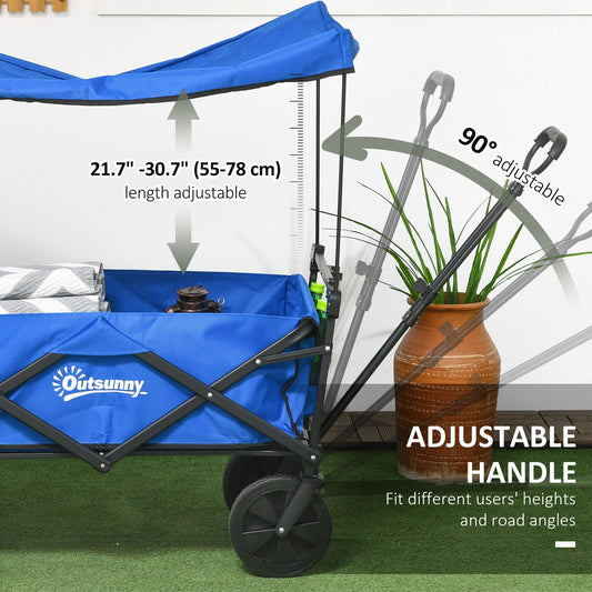 Steel Frame Folding Garden Cart, Collapsible Wagon Cart with Removable Canopy, Telescopic Handle and Carrying Bag, Dark Blue