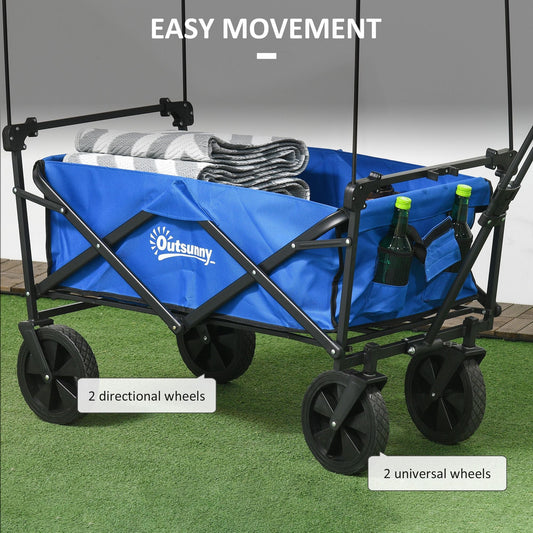 Steel Frame Folding Garden Cart, Collapsible Wagon Cart with Removable Canopy, Telescopic Handle and Carrying Bag, Dark Blue
