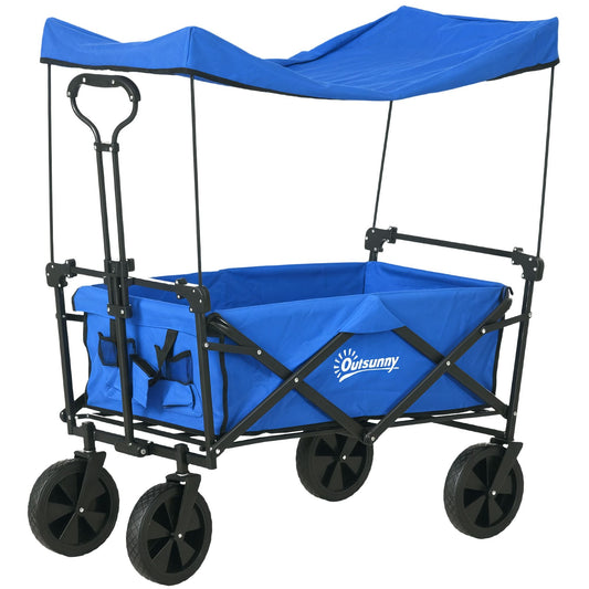 Steel Frame Folding Garden Cart, Collapsible Wagon Cart with Removable Canopy, Telescopic Handle and Carrying Bag, Dark Blue