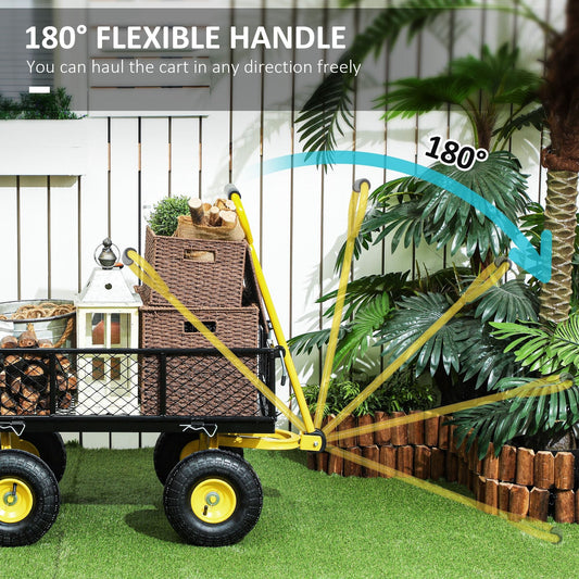 Steel Garden Cart, Utility Wagon with Removable Sides, 10" Wheels, 180° Rotating Handle, 440lbs Capatity