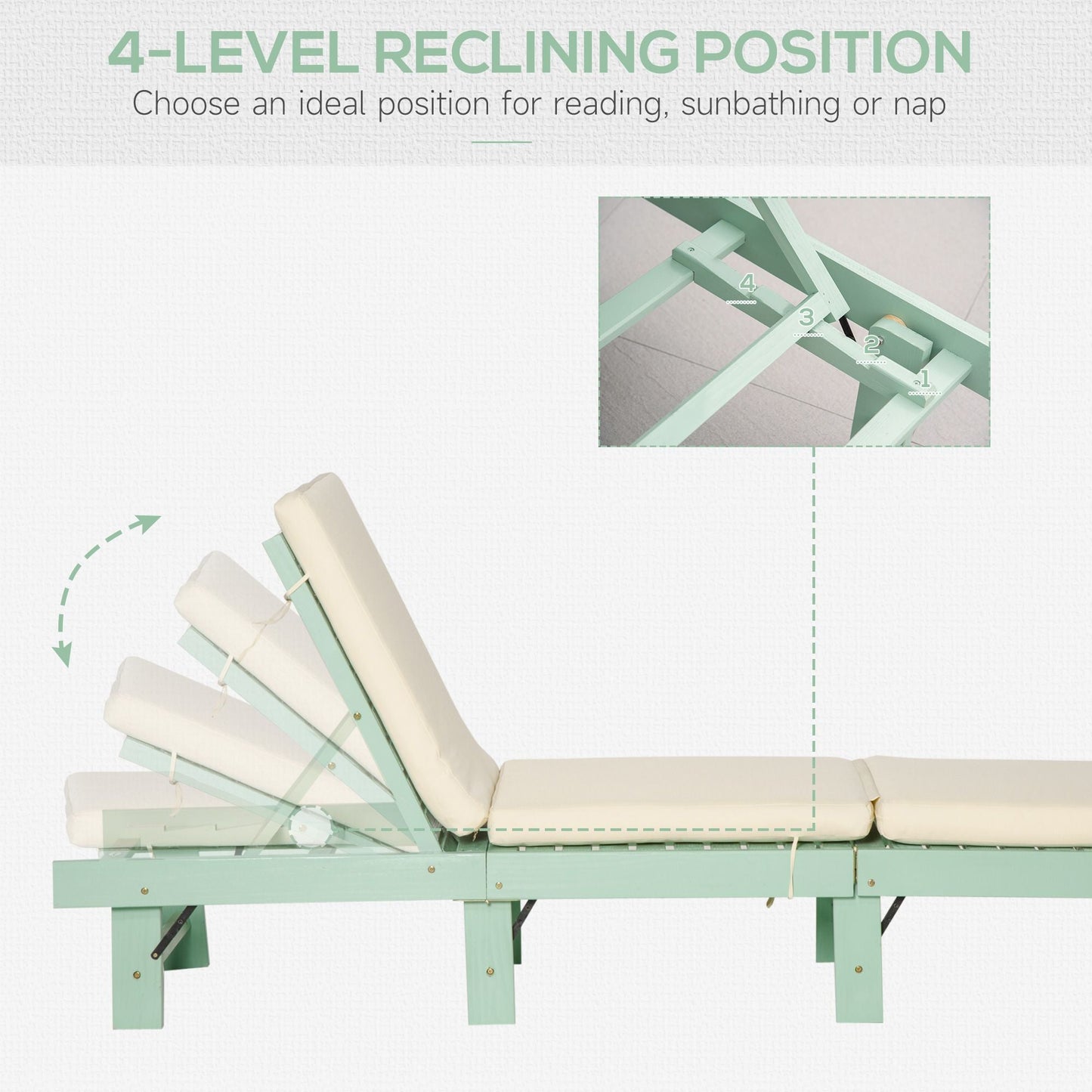 Wooden Folding Chaise Lounge, Outdoor Chaise Lounge Chair, Garden Reclining Tanning Chair with 4 Adjustable Back Soft Cushions, Green