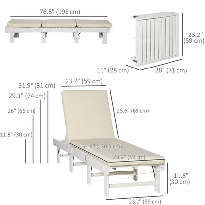 Wooden Folding Chaise Lounge, Outdoor Chaise Lounge Chair, Garden Reclining Tanning Chair with 4 Adjustable Back Soft Cushions, Light Grey