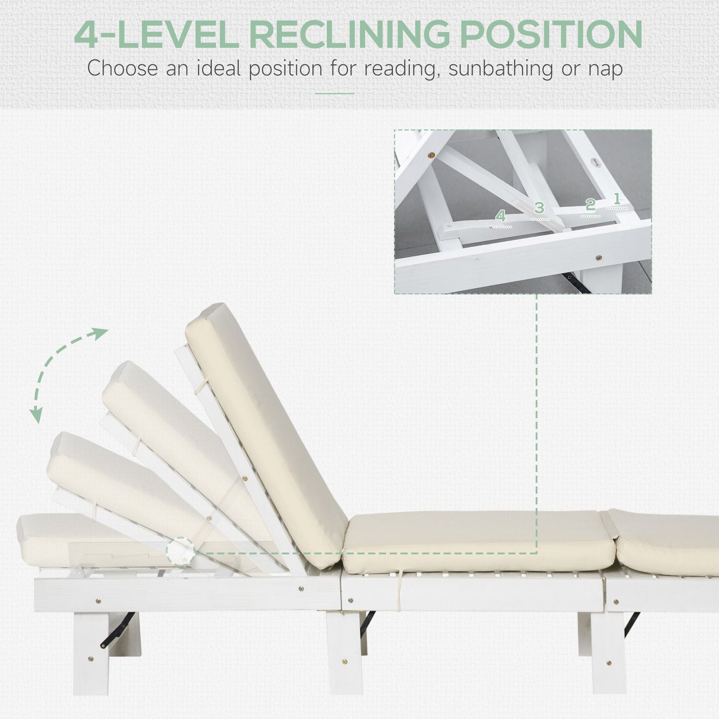Wooden Folding Chaise Lounge, Outdoor Chaise Lounge Chair, Garden Reclining Tanning Chair with 4 Adjustable Back Soft Cushions, White