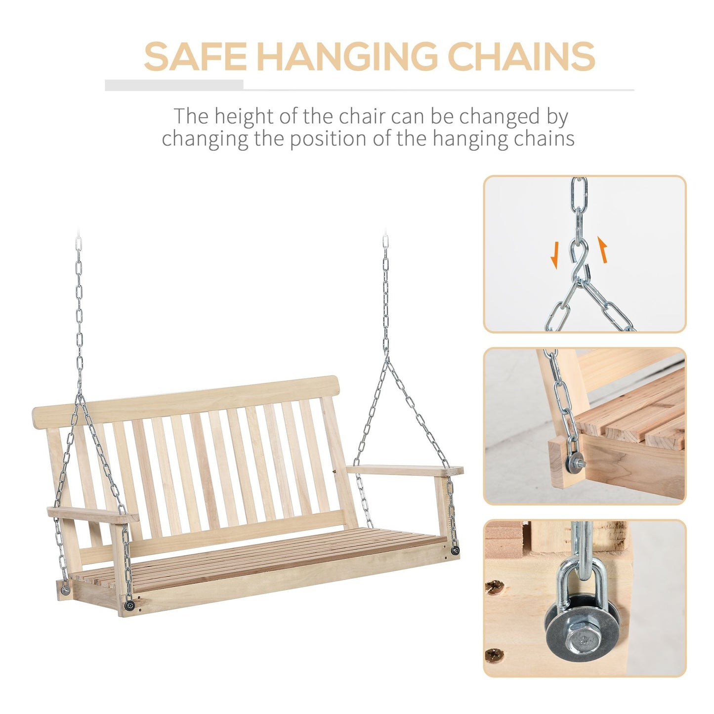 2 Person Wooden Porch Swing, Patio Swing Chair with Hanging Chains, Slatted Back & Seat, Outdoor Swing Bench for Garden, Backyard, Deck, Natural