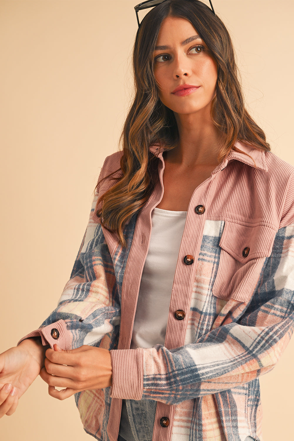 Cinnamon Plaid Corduroy Shacket with Patchwork Pockets for Effortless Style