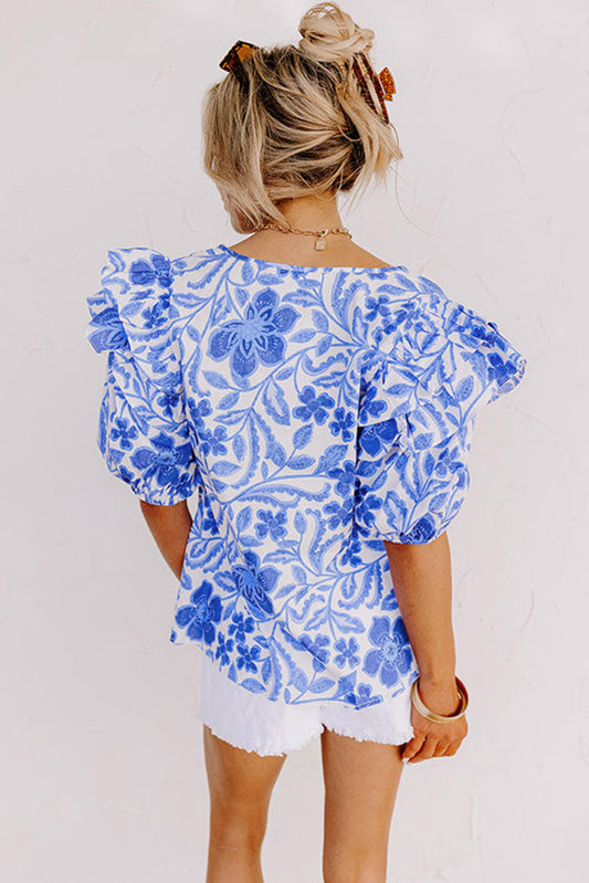 Luxury Floral Print Ruffled Bubble Sleeve Blouse
