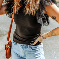 Luxury Dotty Mesh Ruffle Sleeve Ribbed Knit Top