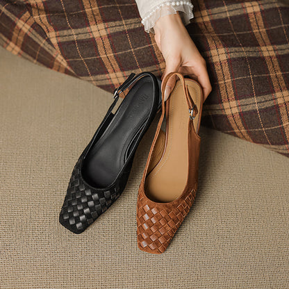 Women's Handmade Suede Woven Slingback Block Heel Sandals – Square-Toe Buckle Dress Shoes
