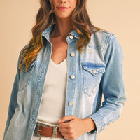 Beau Blue Light Wash Distressed Frayed Long Denim Jacket