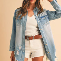 Beau Blue Light Wash Distressed Frayed Long Denim Jacket