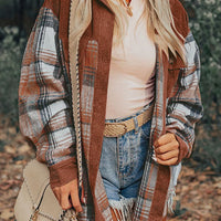 Cinnamon Plaid Corduroy Patchwork Shacket With Pockets
