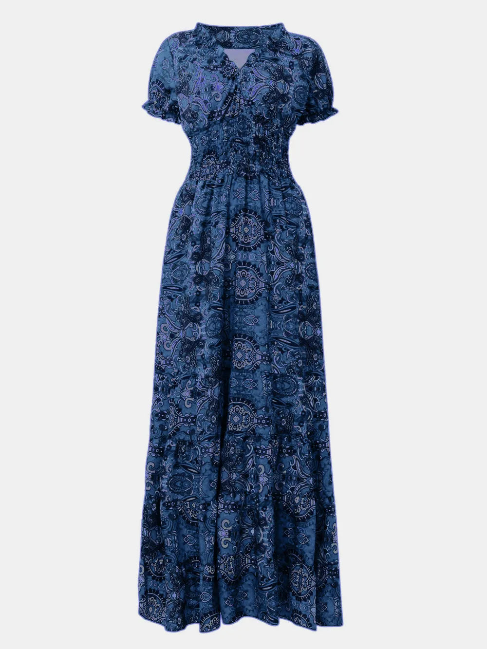 Full Size Smocked Printed V-Neck Dress for Effortless Style