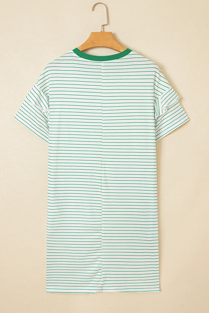 Stripe Ruffle Short Sleeve Crew Neck T-Shirt Mini Dress