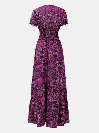 Full Size Smocked Printed V-Neck Dress for Effortless Style