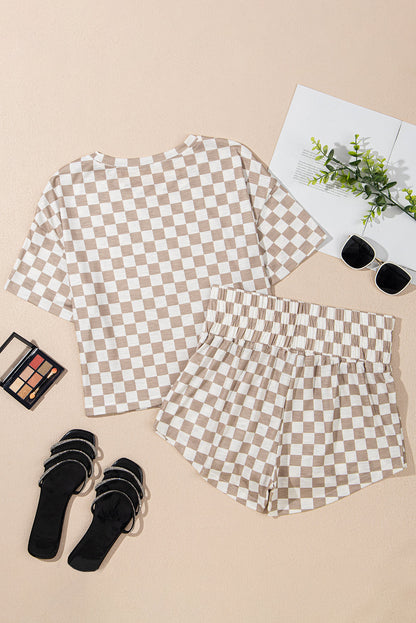 Luxury Checkerboard T Shirt and High Waist Skorts Set