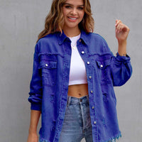 Distressed Drop Shoulder Fringe Denim Jacket Cotton Blend