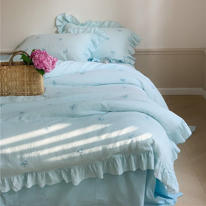 Double Layer Ribbon Tie White Ruffle Bedding Set