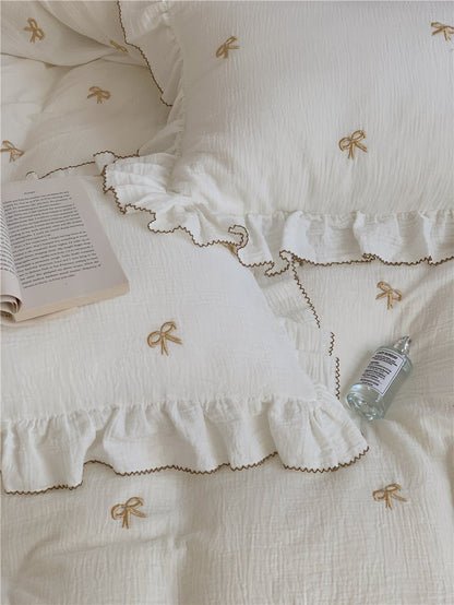 Double Layer Ribbon Tie White Ruffle Bedding Set