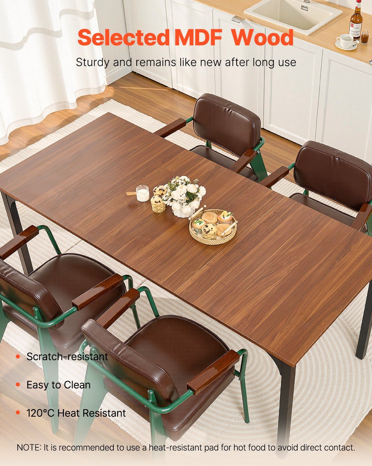 VEVOR Rectangle Dining Table, 71 inch Length Large Wood Tables for 6-8 Person, Farmhouse Dinner Furniture, Rustic Conference Desk with Iron Legs, for Home Kitchen Living Room, Brown(Only Table)