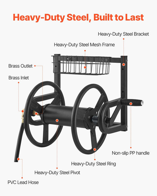 VEVOR Wall Mounted Garden Hose Reel, Holds 125 ft 5/8-inch Hose, Heavy-Duty Water Hose Winder, Space-Saving Design, Outdoor Manual Reel with Brass Fitting and Storage Basket for Yard Lawn